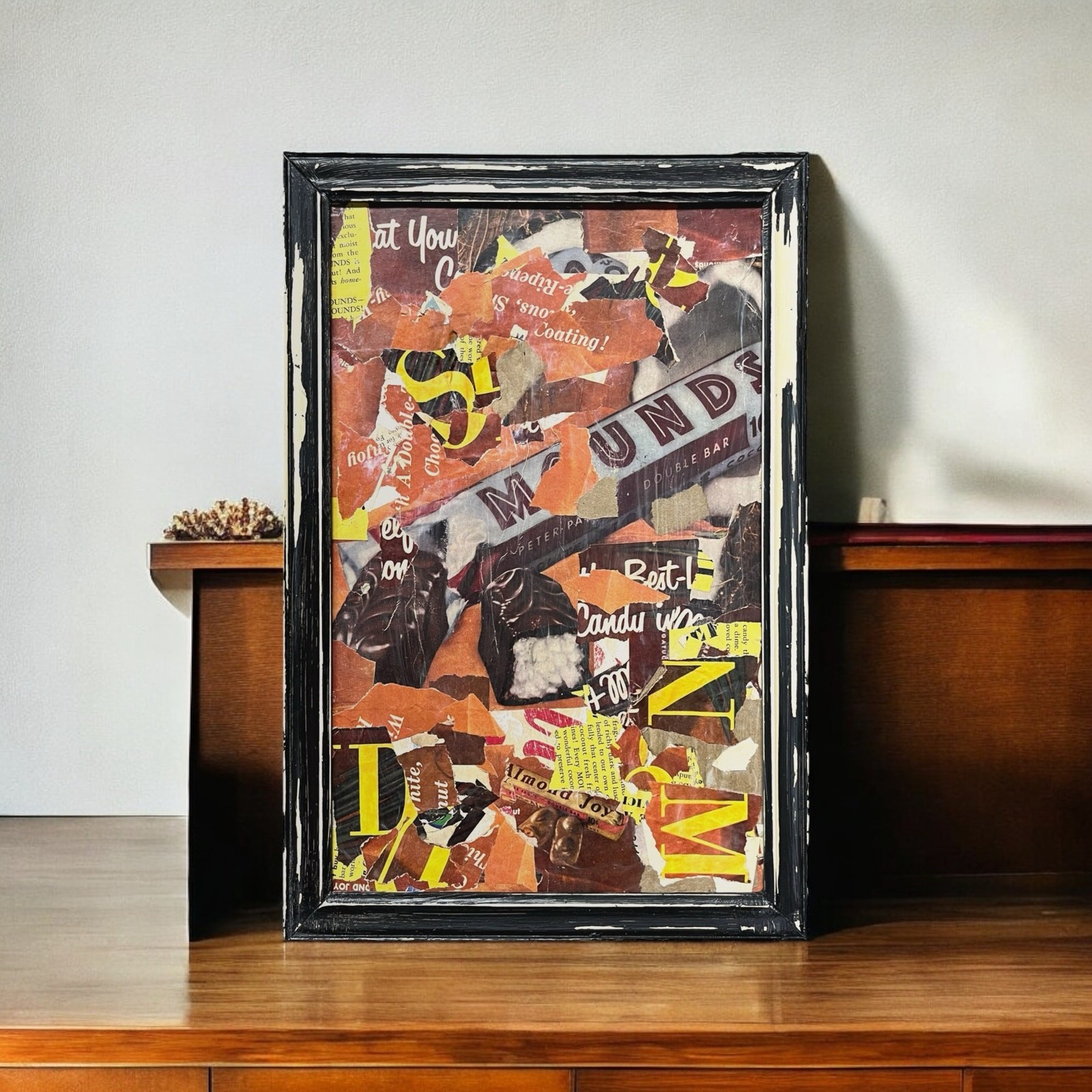 Original Framed Mixed Media Abstract Art Collage 9×13 “1960s Mounds Candy Bar”