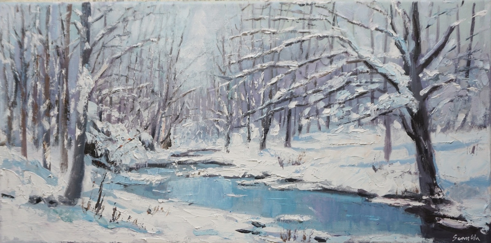 Sean Wu. 12×24 original oil painting on stretched canvas, snow creek