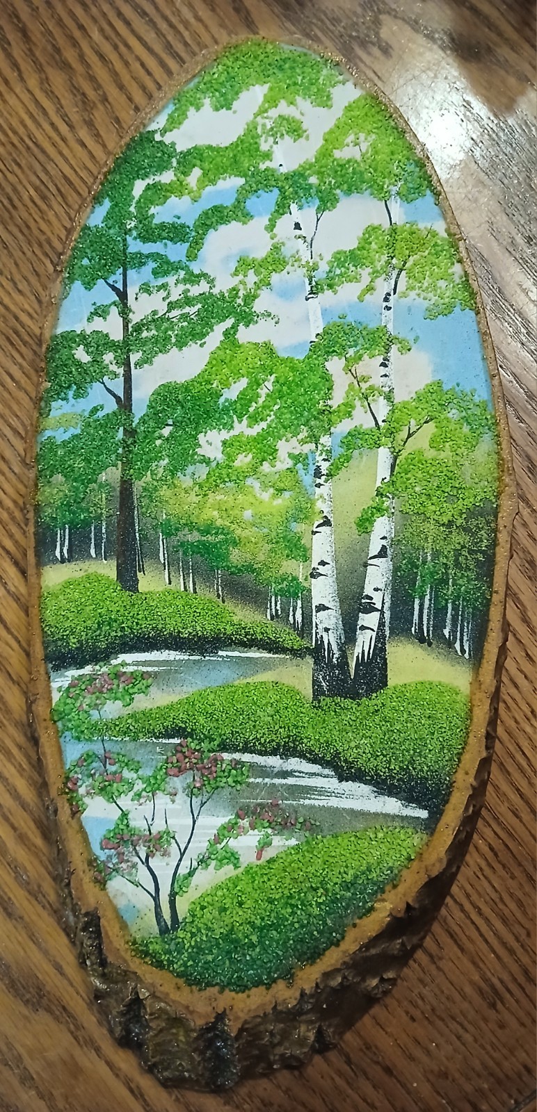 Sand Art Landscape with Riverside White Birch Trees Wood Slice Bark Edge