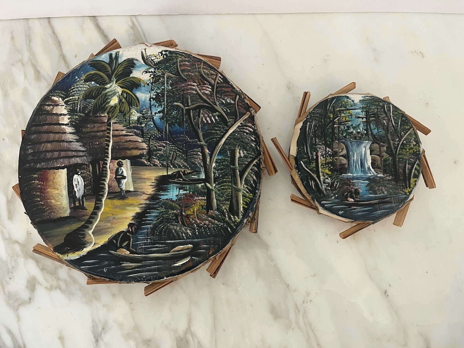 African Painting Painted Leather Drum Hide Clay Ring Waterfall Wall Art Boho