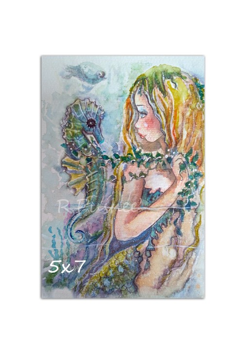 ORIGINAL ILLUSTRATION ART , 5×7 Watercolor, Pretty Mermaid , Seahorse
