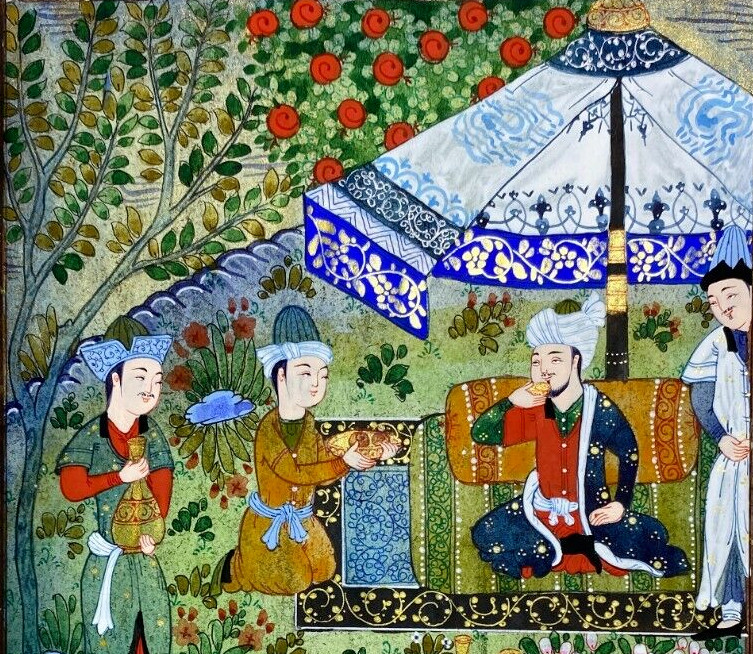 Miniature Painting Persian Art Work Silk Paper Handmade Sultan Garden 10.8×7.8″
