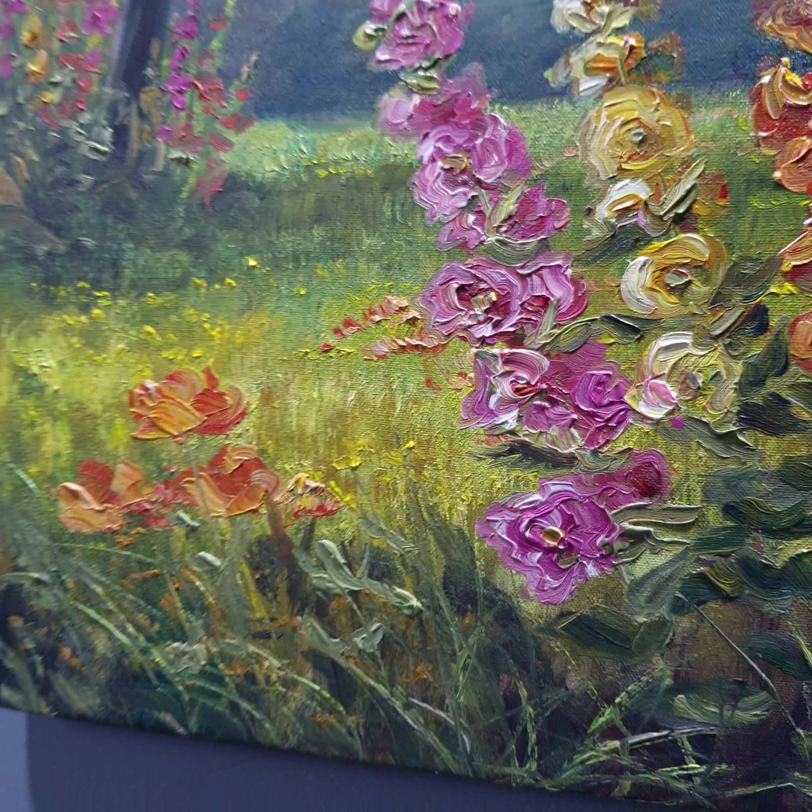 Colorful Hollyhocks Oil Painting Original Garden Flowers Wall Art Canvas 10×10