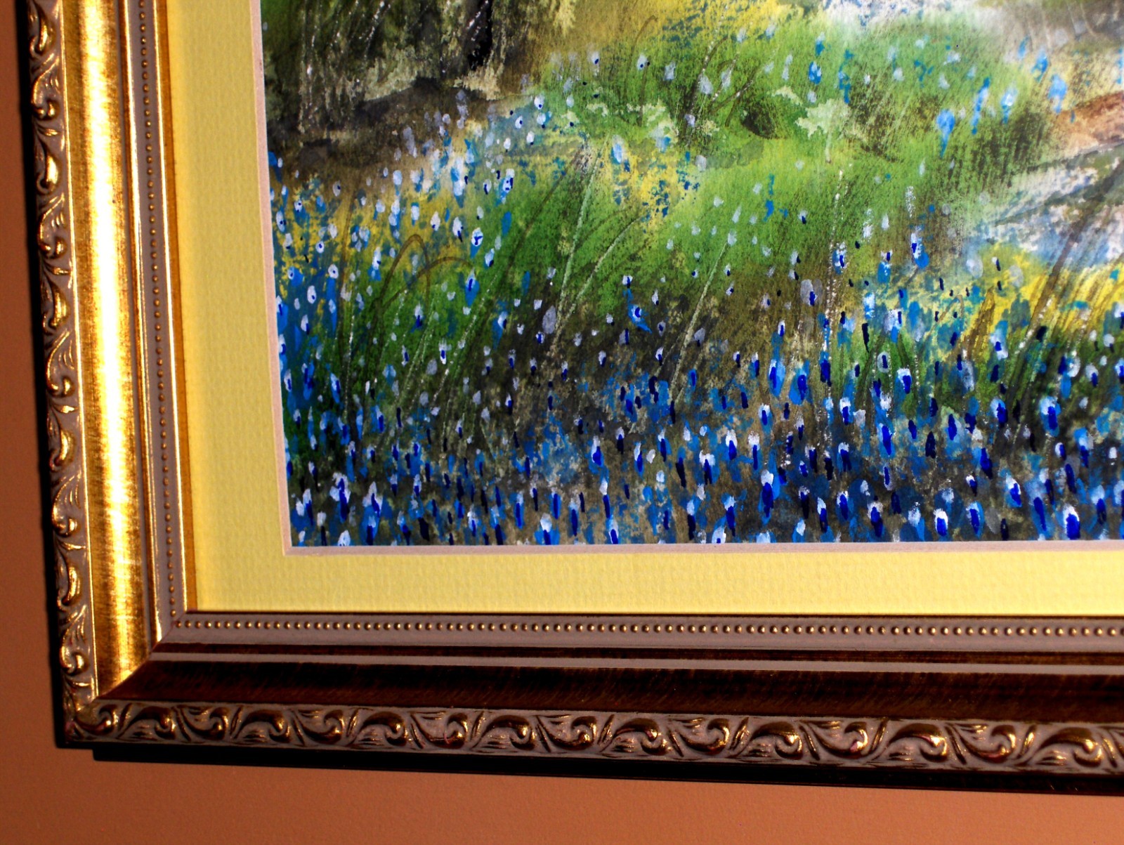 GORGEOUS Bluebonnet Landscape Blooming Tree Flowers Fence WTC Vintage Painting