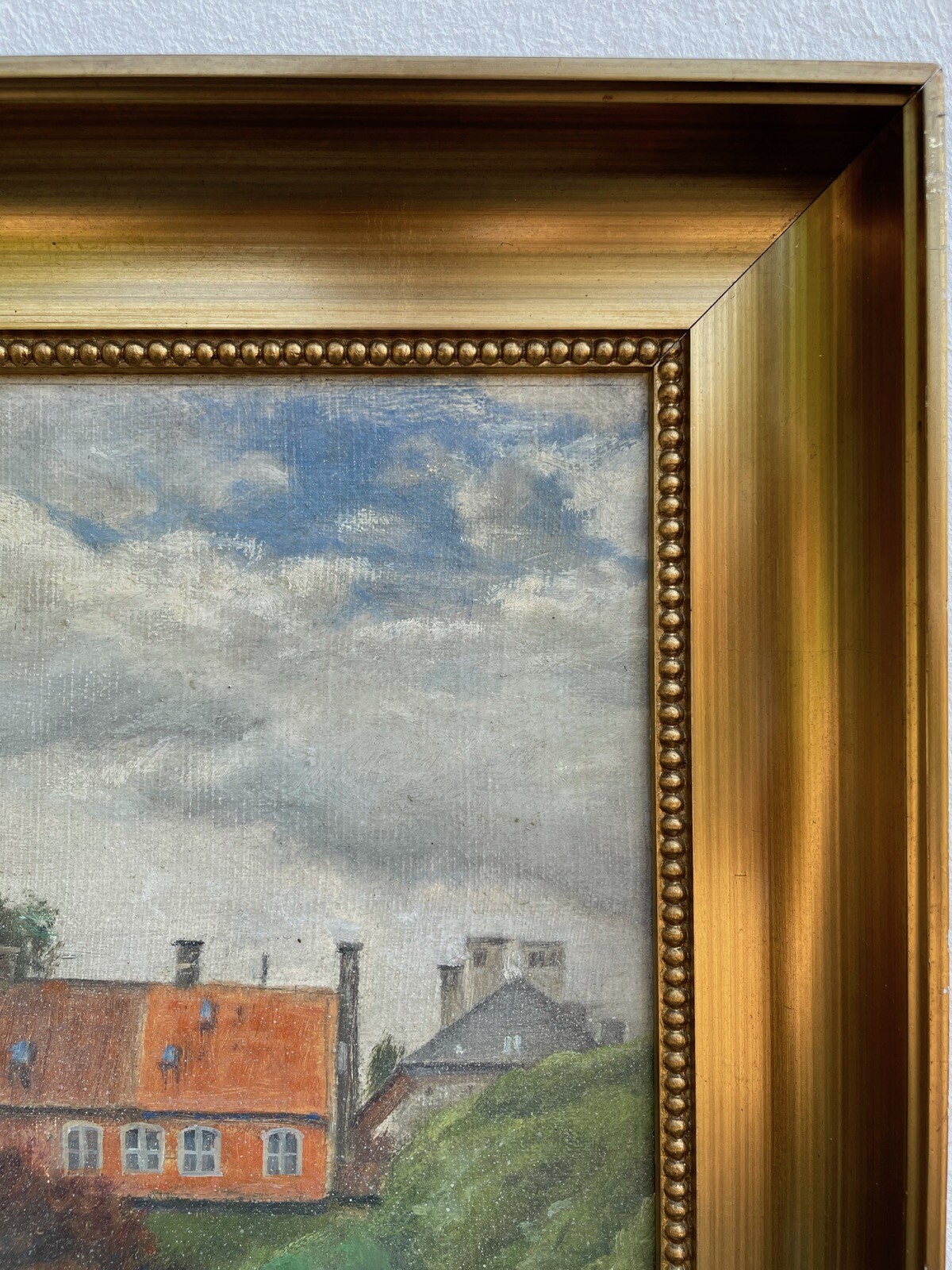Impressionist Sunny Park Landscape View of Houses Small Town Dated 1927