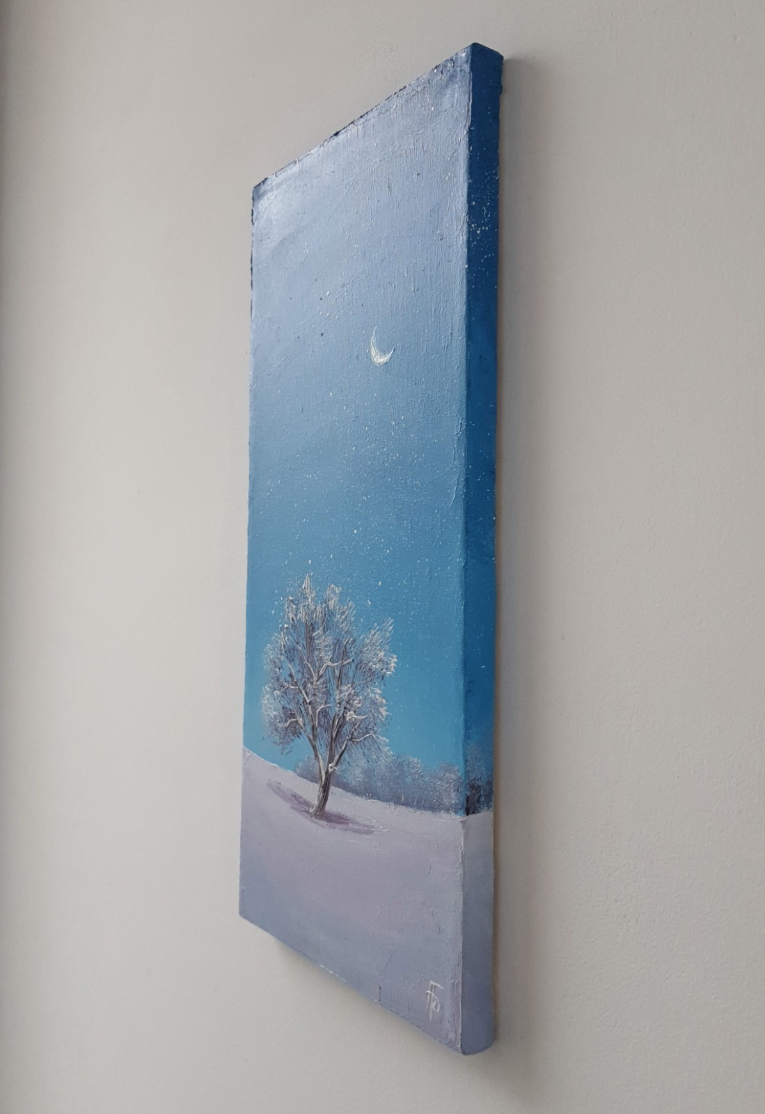 Original Oil Winter Night Painting Snow Tree Starry Sky Moon Landscape Wall Art