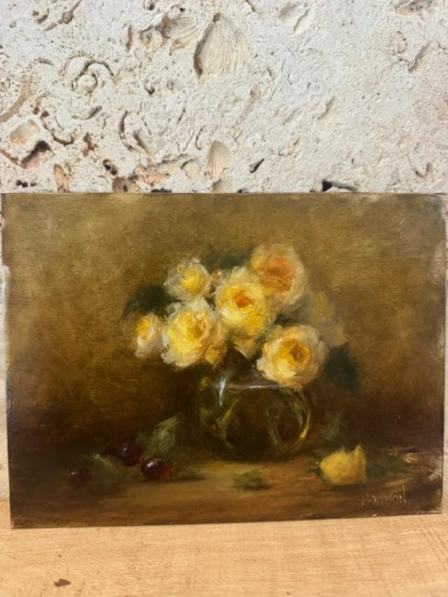 YELLOW ROSES WITH GLASS BOWL CONTAINER OIL Painting Art Floral Still Life 6×8