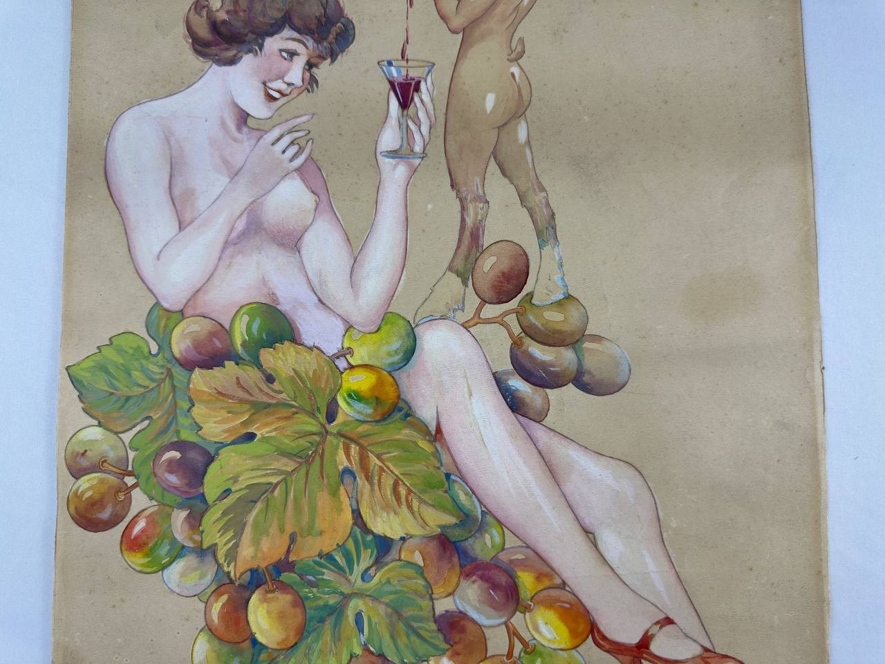 Original Art Nouveau Gouache Painting Monogrammed L.M. Woman Grapes Wine