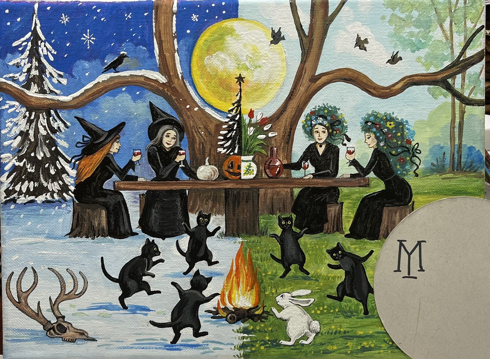 ACEO PRINT OF PAINTING Ryta Pagan Witch Ostara Spring Equinox Black Cat Rabbit