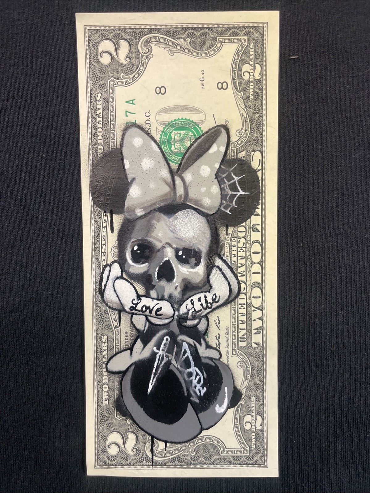 Wicked Minnie Mouse 2 Dollar Bill Original painting Graffiti Street Art