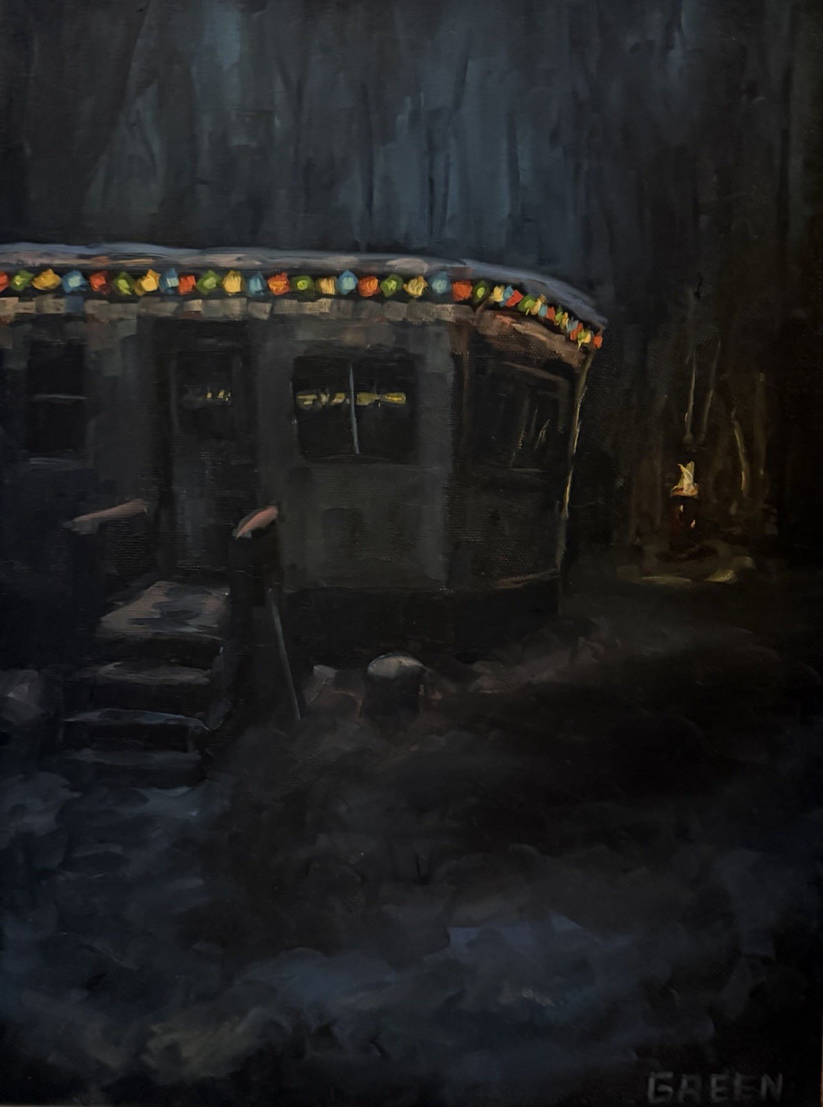 Winter Snow Nocturne Christmas Lights Art Original Oil Painting By Daniel Green