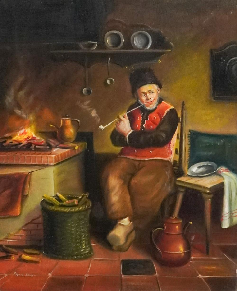 Pierre Leger, Man Smoking A Pipe, Oil On Canvas, Frame: 32 1/4 X 28 1/4 In.