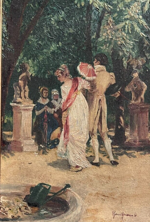 People Community Couple Park Nature – Painting Antique Oil Original signed