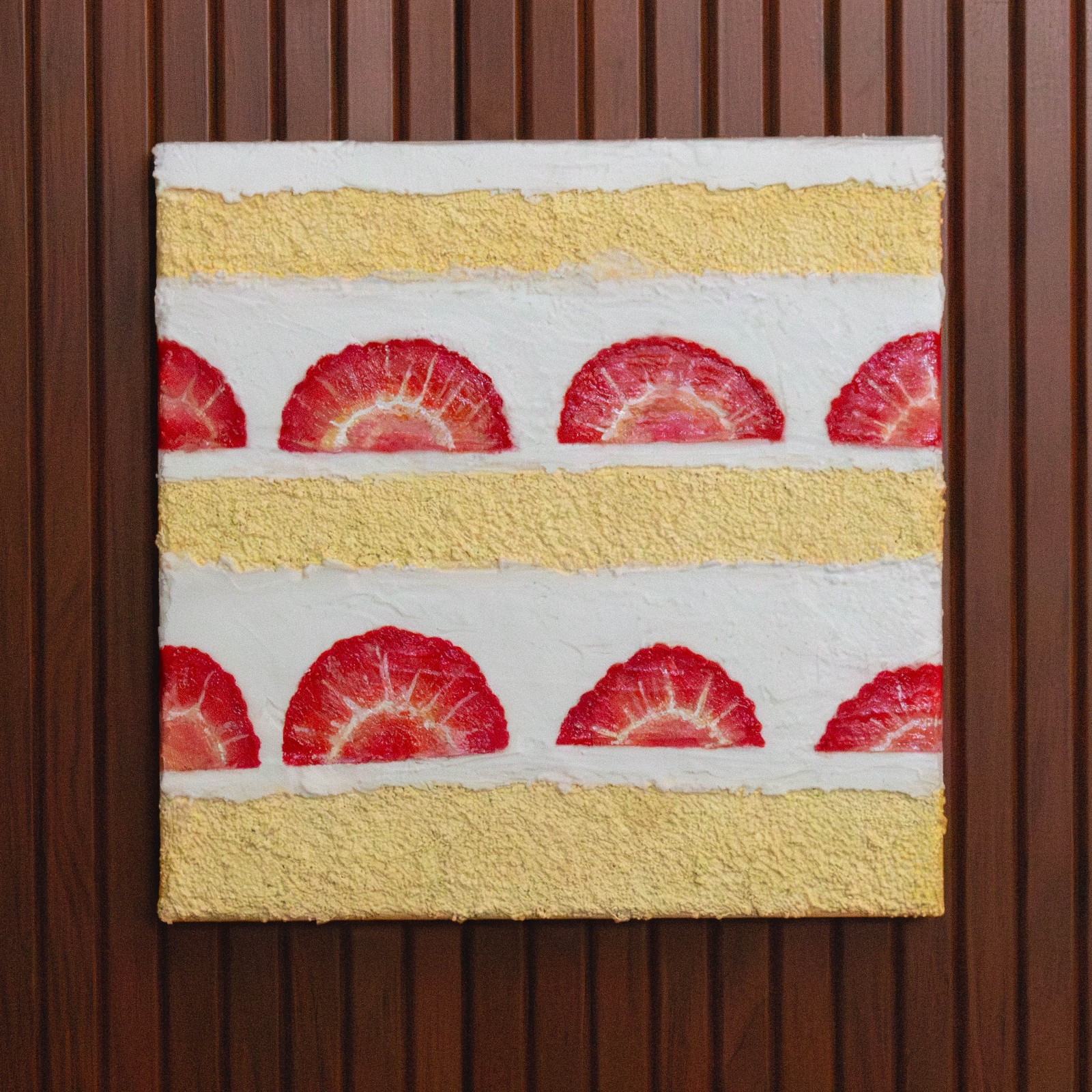 Textured Strawberry Layer Cake Painting, Fake Food Wall Art Decor, Gluecose Art