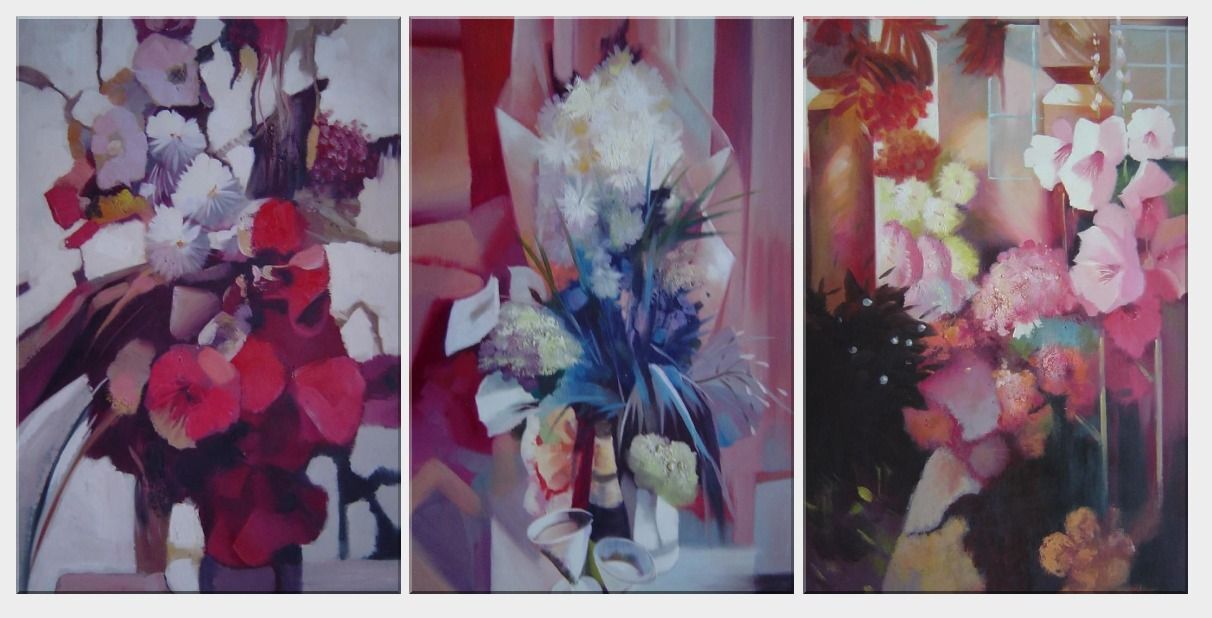 36×72 Elegant Flowers in a Warm Setting 3 Canvas Set Oil Painting Decorative