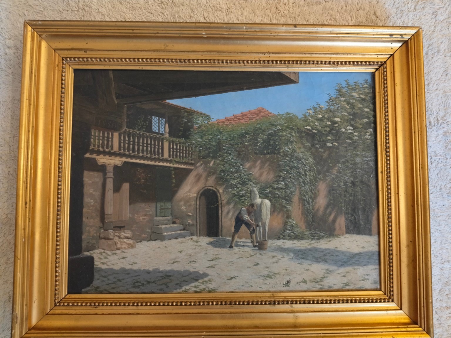 Original Adolf Heinrich Hansen – Oil Painting Courtyard Horse Nuremberg Denmark