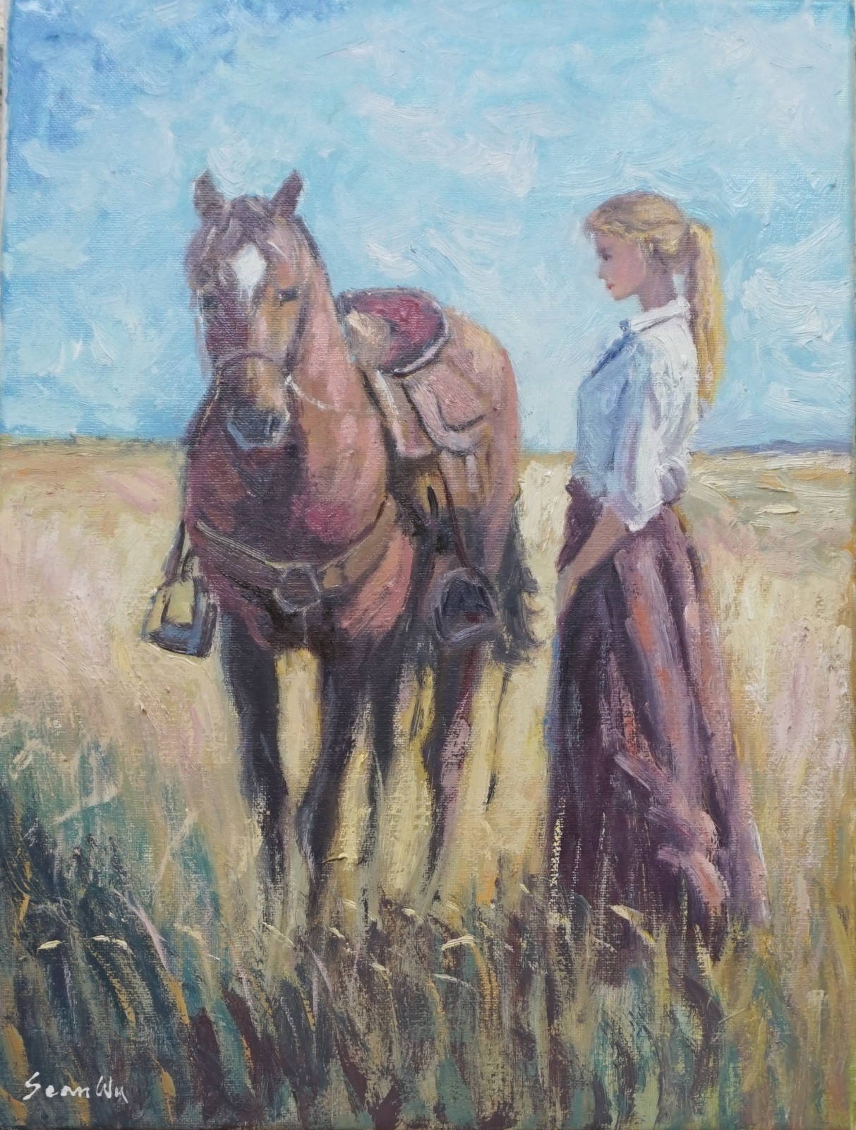 Sean Wu original oil painting, 12×16 on stretched canvas, girl & horse