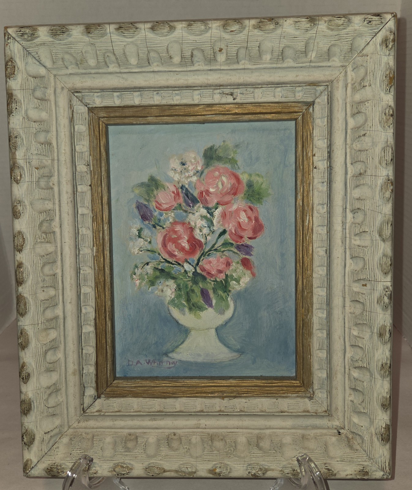 VTG Floral Still Life Painting Oil On Masonite Panel DA Whitney New England Art
