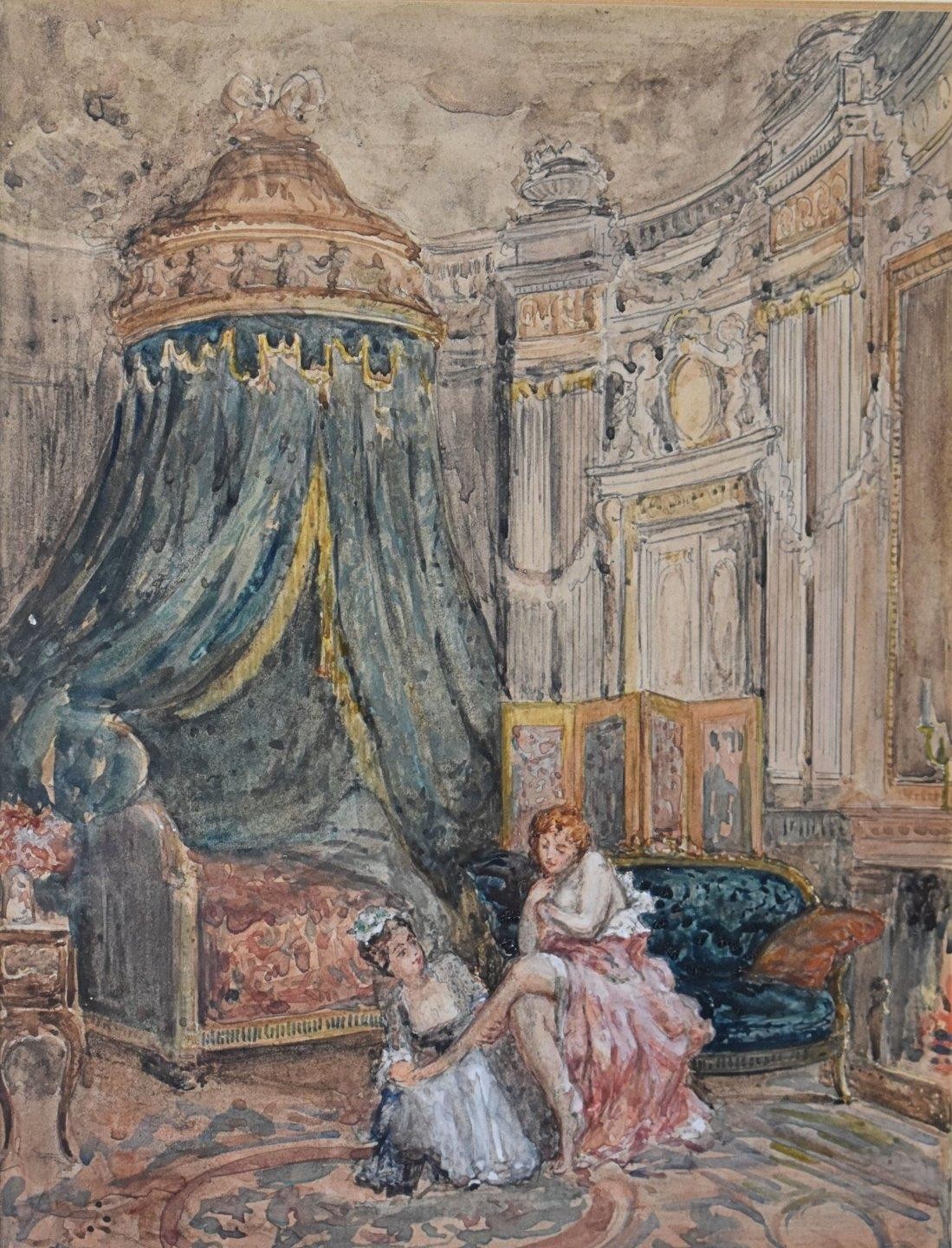 SOCIALITE WITH HER MAID IN PARIS BOUDOIR WATERCOLOUR ALBERT LUDOVICI JNR c1890s
