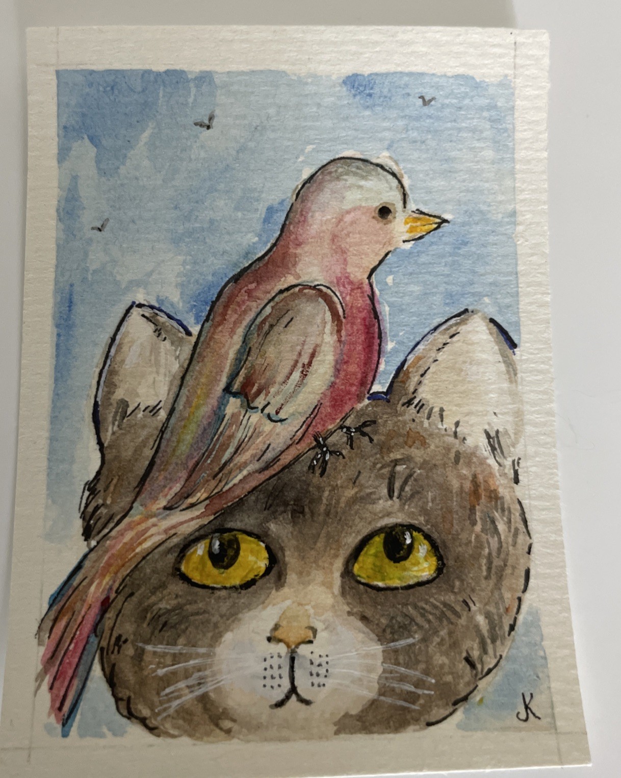 ACEO Cat and bird original painting by Jane Kane