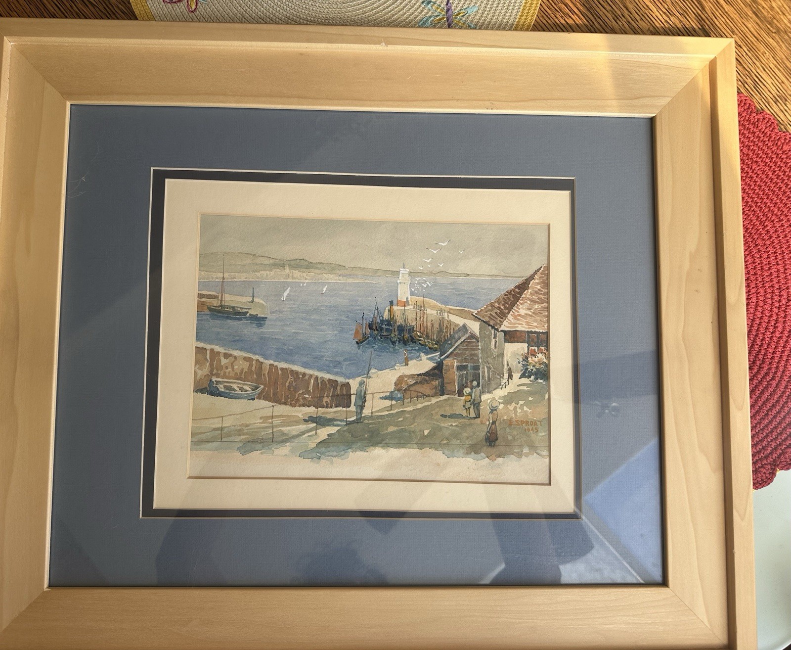1945 E. Sproat “Penzance from Newlyn Harbour” Watercolor Painting Fishing Boats