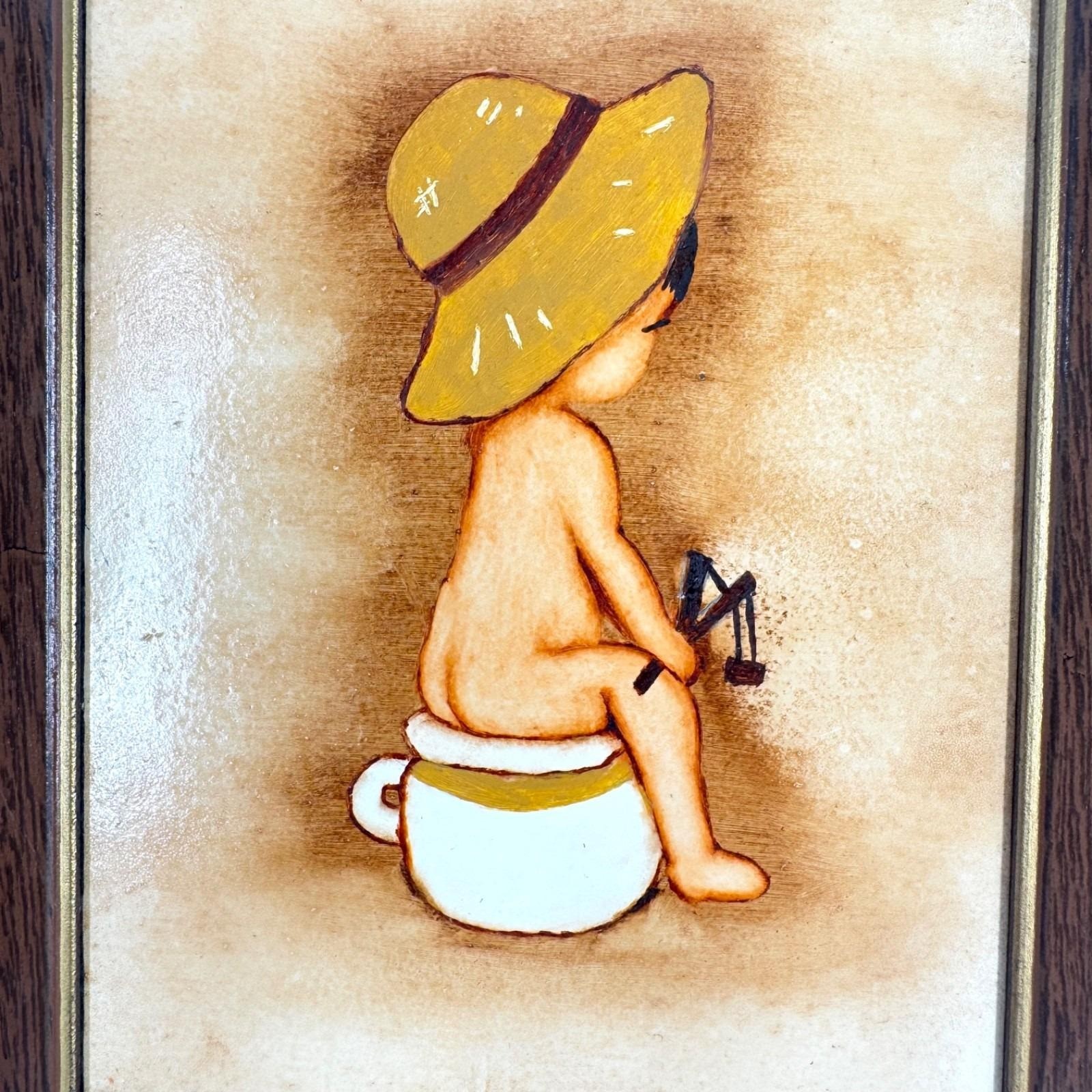 Vintage Pair Framed Children Chamber Pot 3D Relief Wall Art Bathroom Kitsch