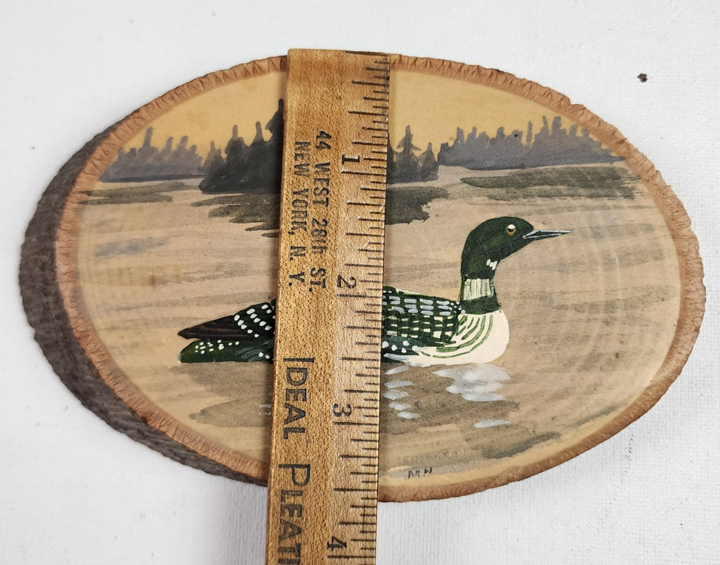 VTG Rustic Loon Duck Original Folk Art Painting Wood Slab Live Edge Signed Cabin