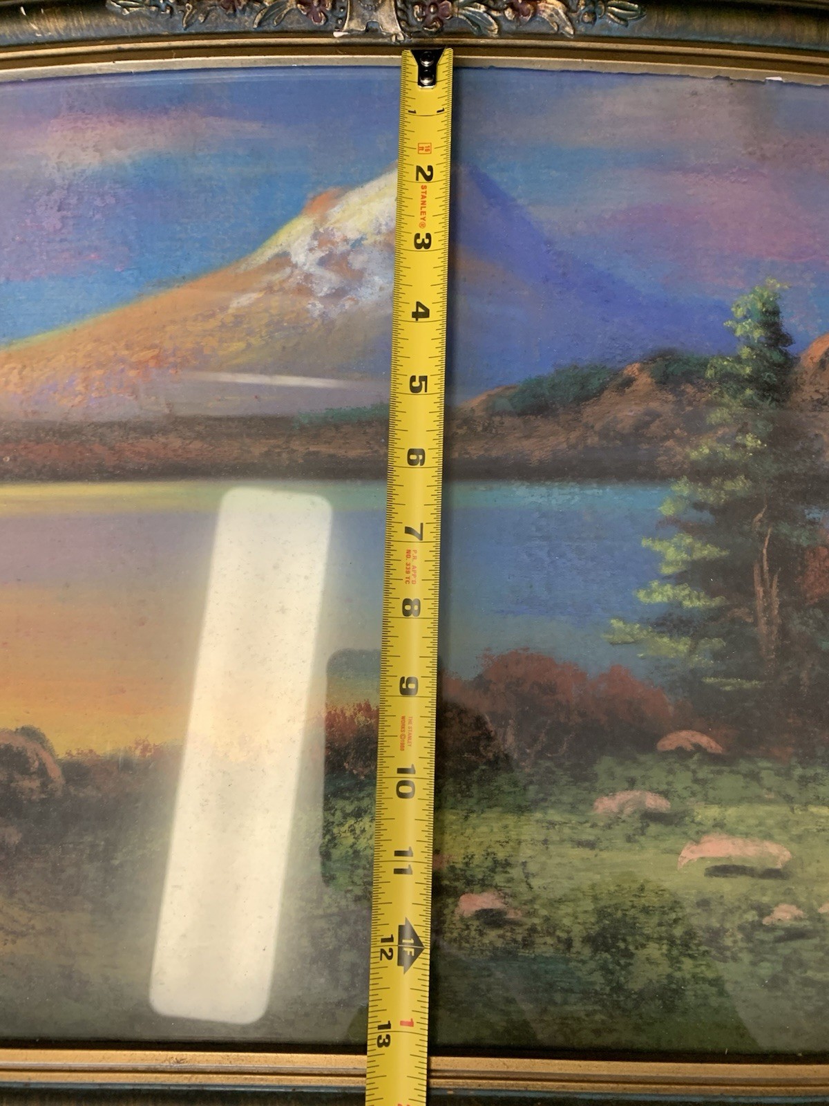 Antique Original Pastel Painting On Cardboard Landscape Mountain Lake Signed