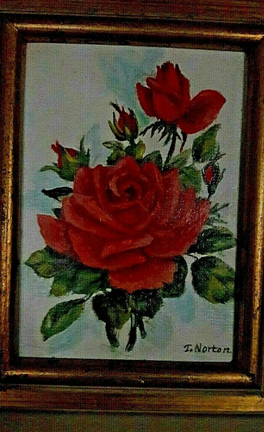 Painting Red orange Roses, Thelma Norton in 1987picture is 7″Hx5.25″W w/Gold co