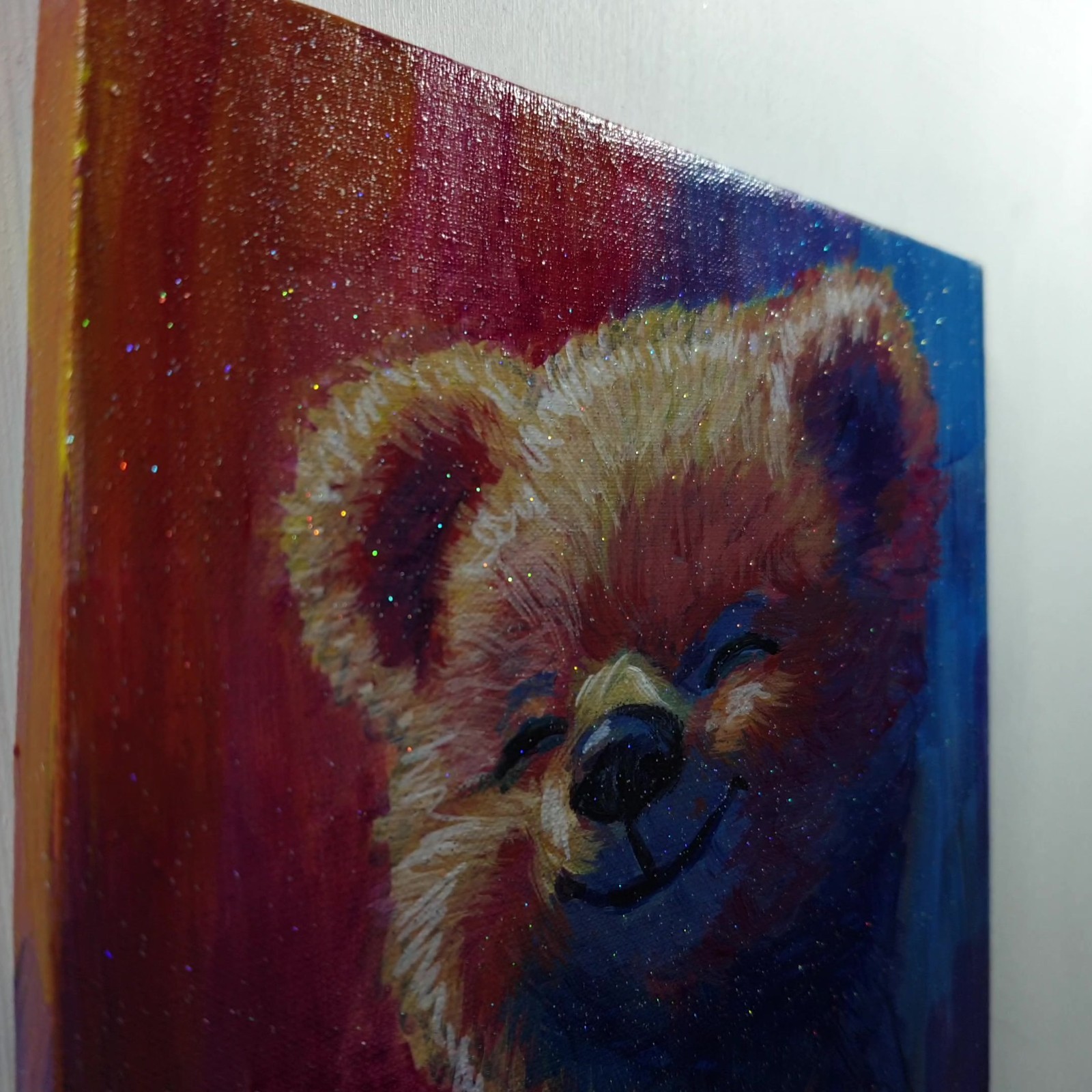 Original Acrylic Painting Colorful Happy Bear Cub Portrait Small Hand Painted