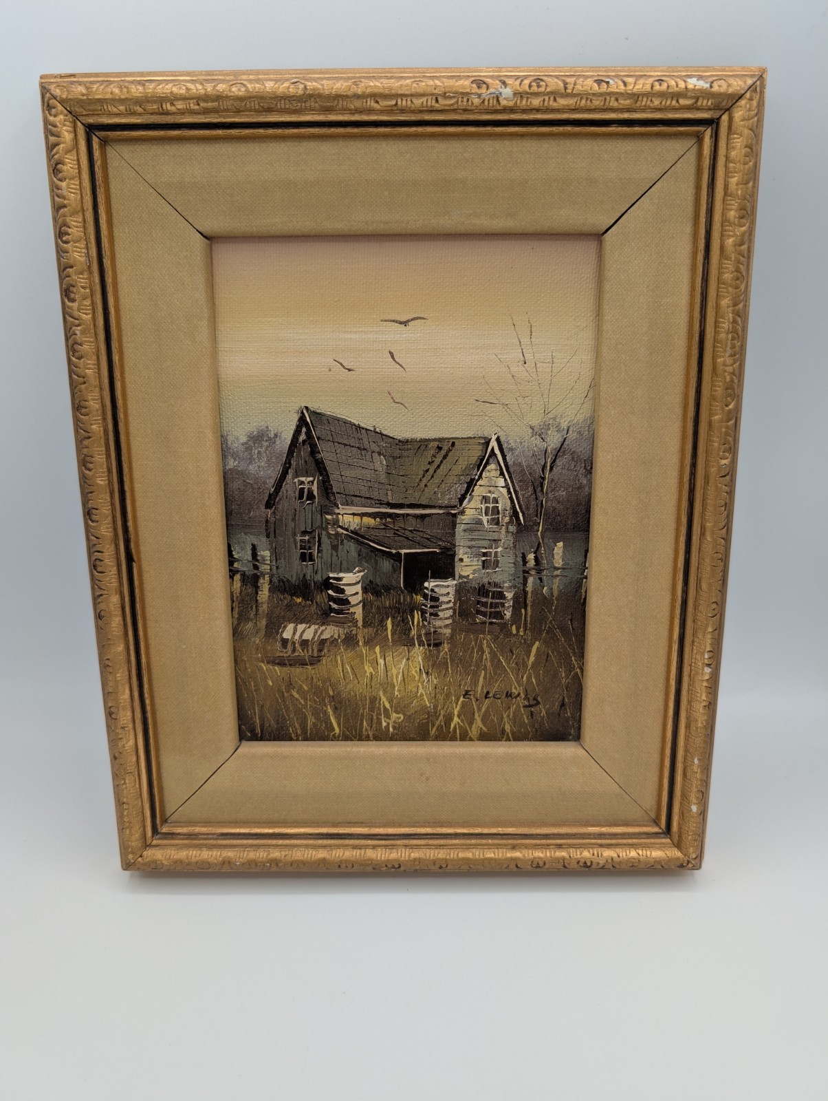 Antique RARE,!! FRAMED BARNHOUSE OIL PAINTING EDMUND DARCH LEWIS 1835 1910