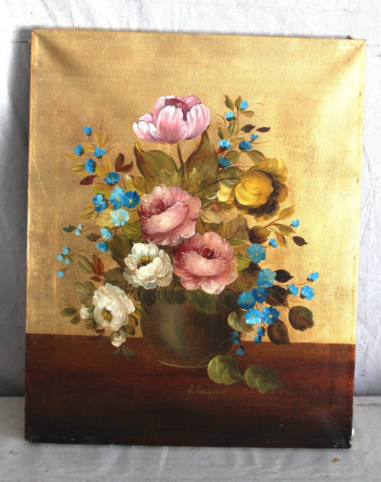 VINTAGE 21″ OIL PAINTING FLORAL FRUIT STILL LIFE FOLK ART SIGNED FRAME COUNTRY