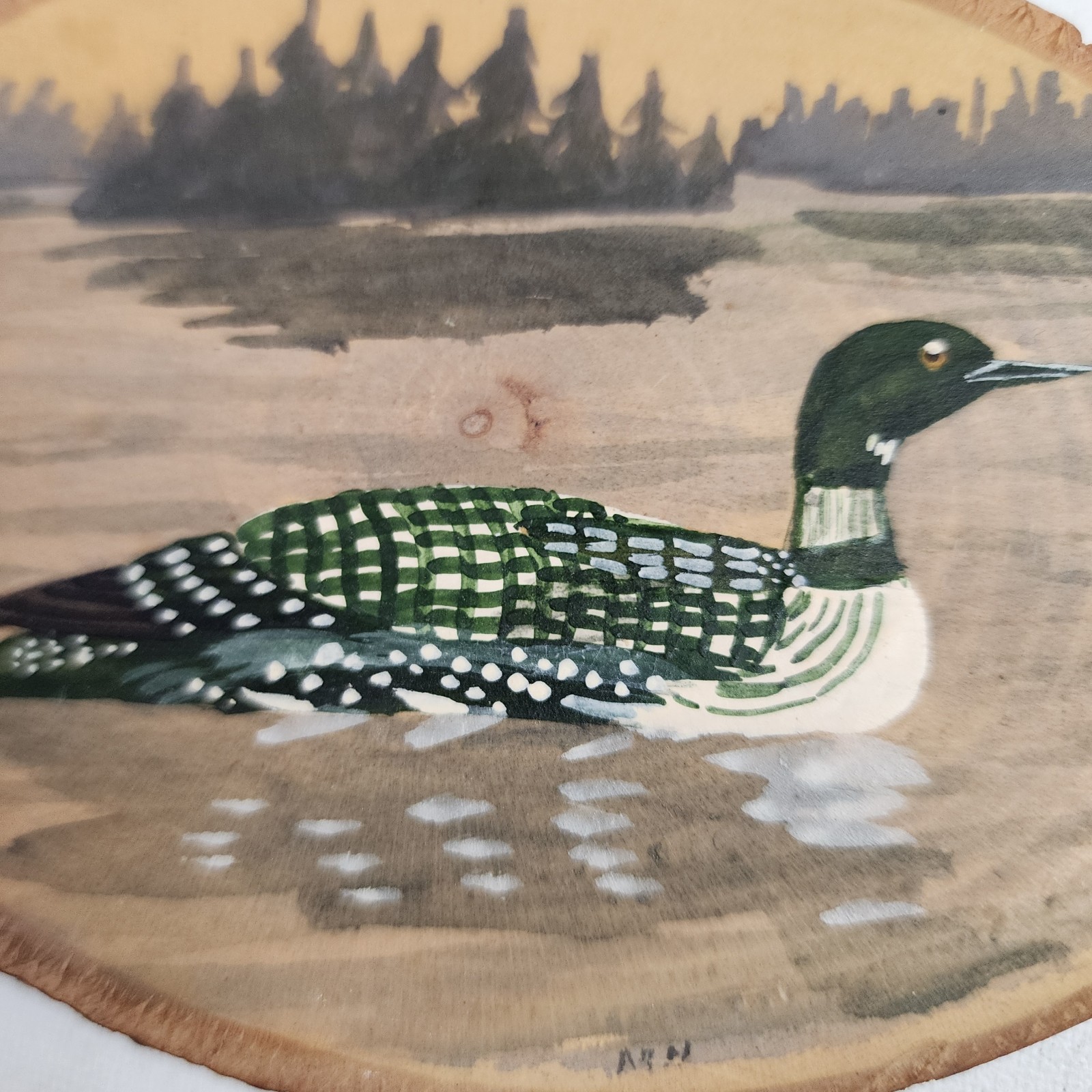 VTG Rustic Loon Duck Original Folk Art Painting Wood Slab Live Edge Signed Cabin
