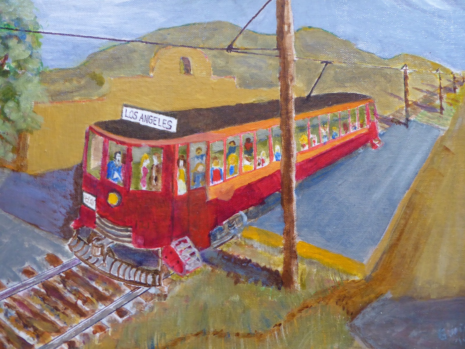Vintage Naive Outsider Folk Art Painting Los Angeles Red Trolly Car