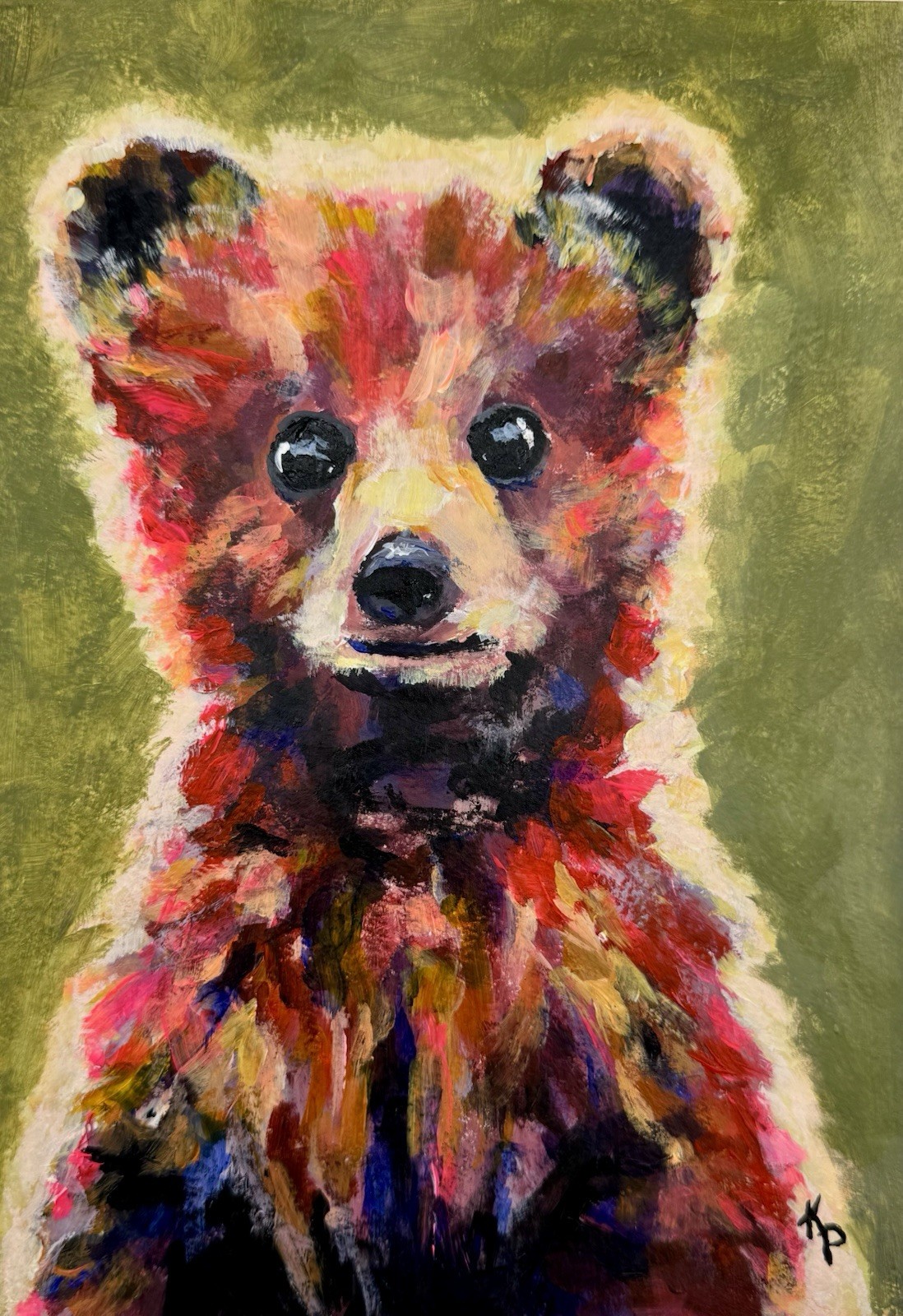 Original Acrylic Painting – Watercolor Paper 9×12 Cute Whimsical Bear Cub Fun