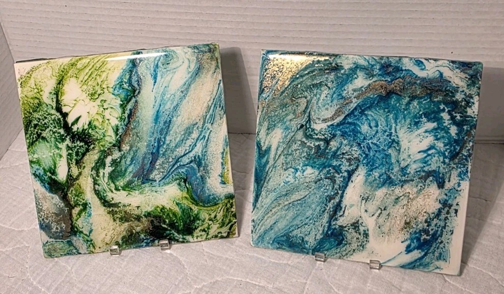 Ceramic Tile Abstract Acrylic Pour Painting Fluid Art Set of 2 Blue Gold Green