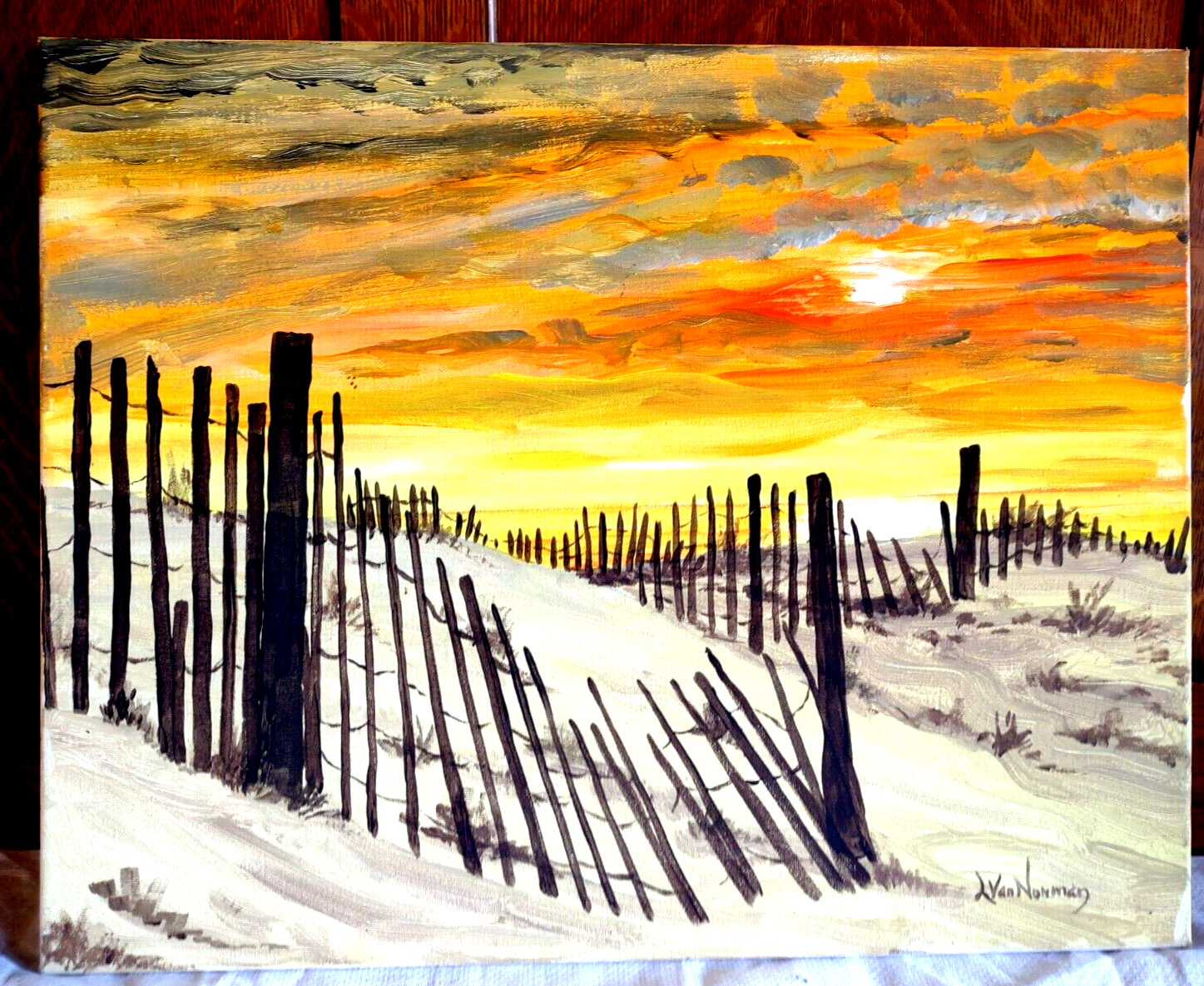 Original Acrylic on Canvas 16X20 Signed Dated Beach Sunset Dunes Fence Sand Sky