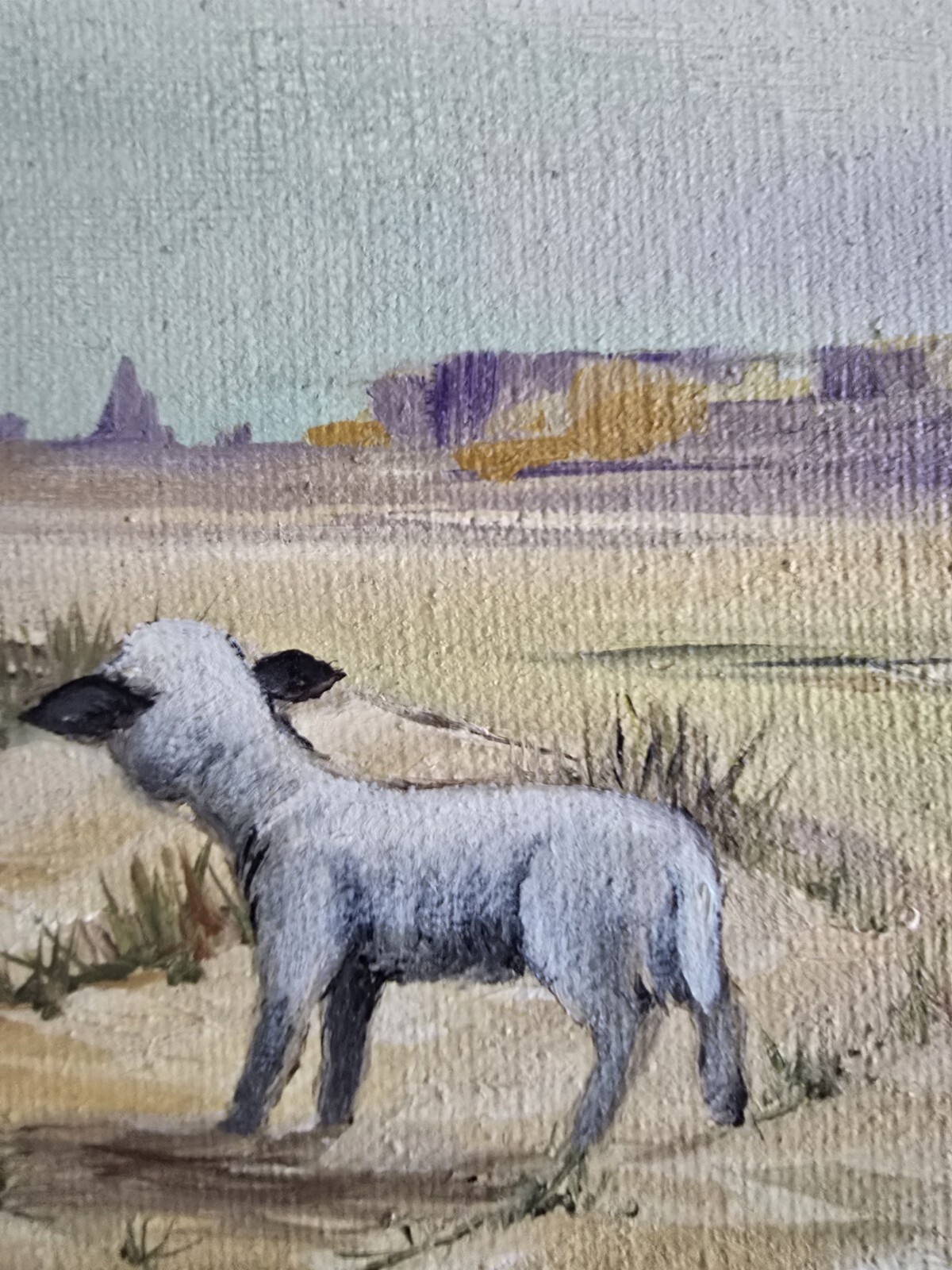 Oil on Canvas SW Landscape w/Native American Child & Lamb Signed AlannA 21 x 18