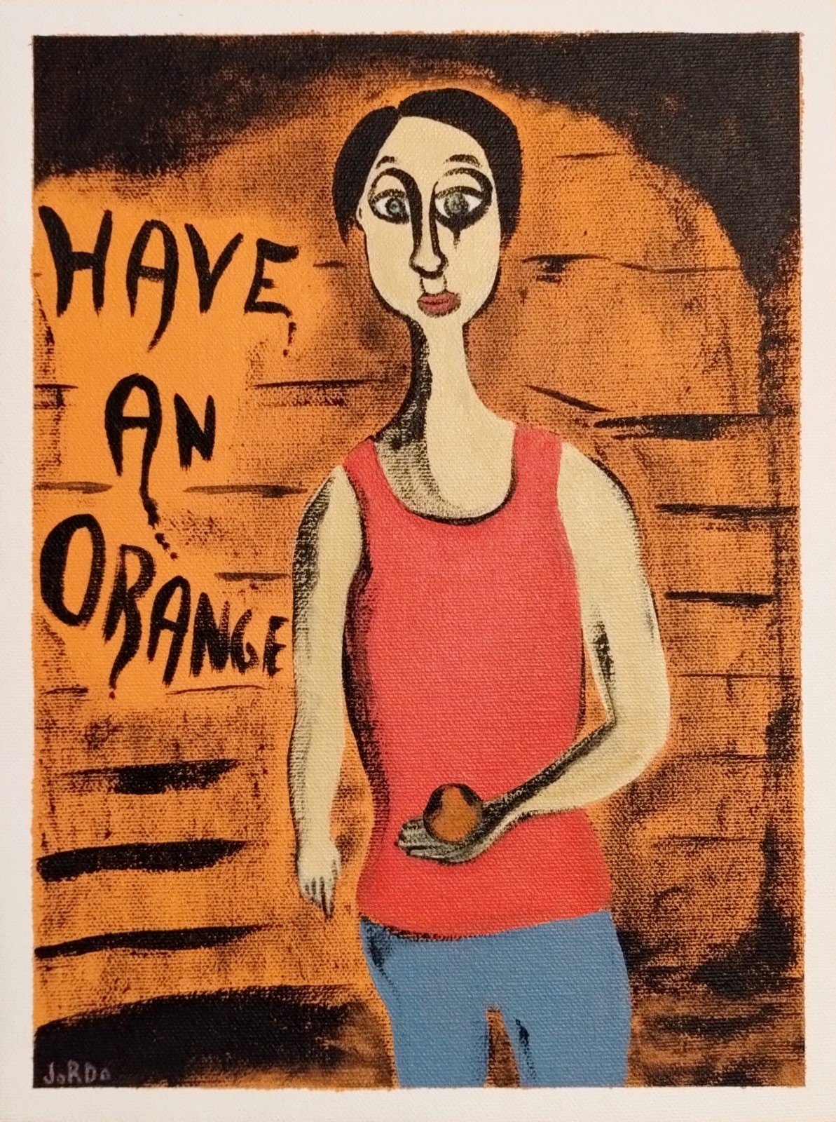 HAVE AN ORANGE POP ART EXPRESSIONISM PAINTING ON LOOSE CANVAS..9 X 12 BY: JORDO