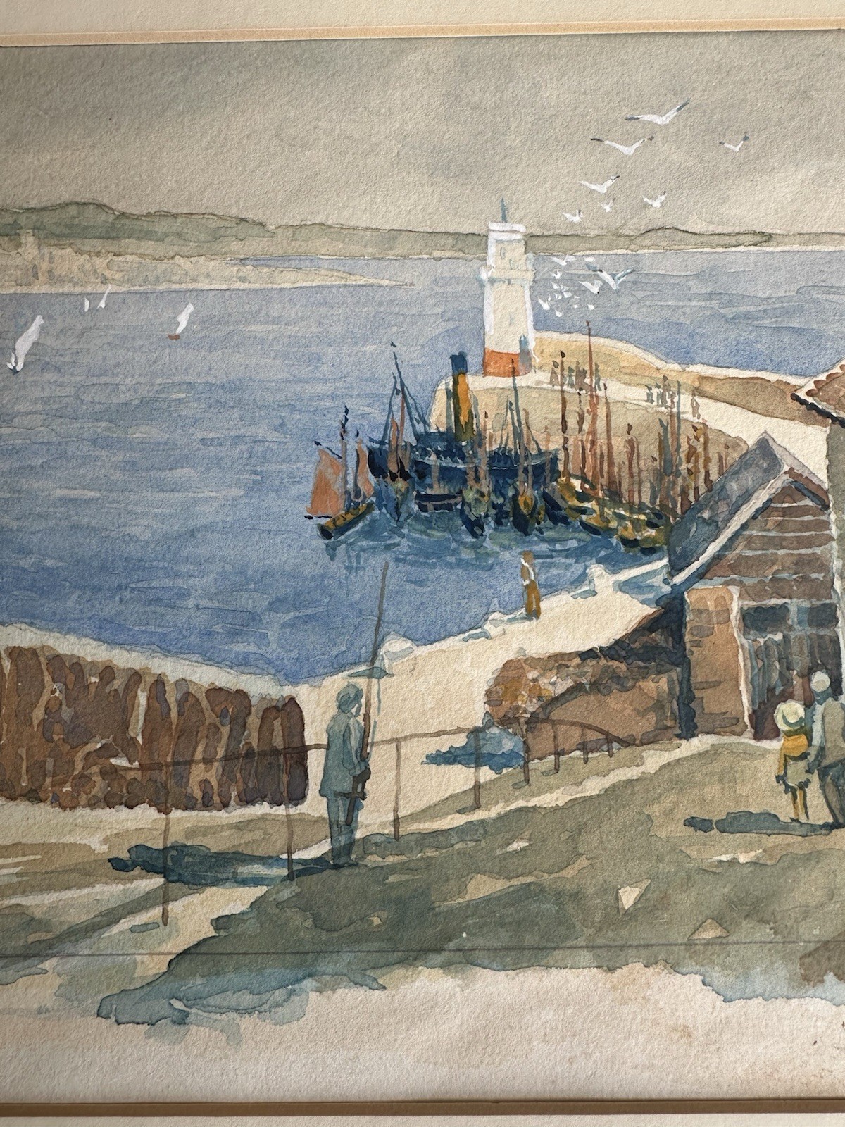 1945 E. Sproat “Penzance from Newlyn Harbour” Watercolor Painting Fishing Boats