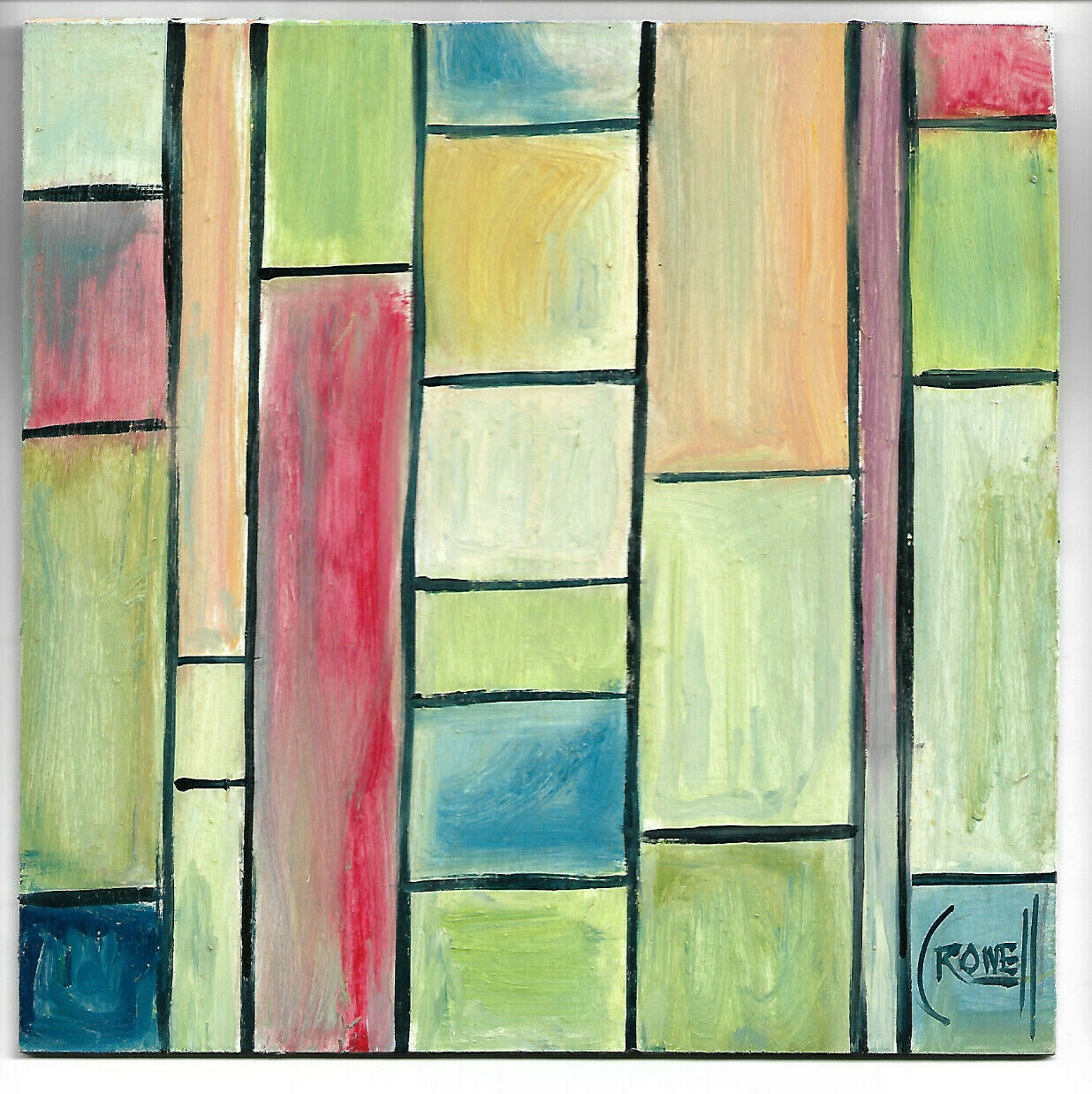 HIT THE HIGHWAY abstract oil painting original 8×8 wood Vintage signed Crowell