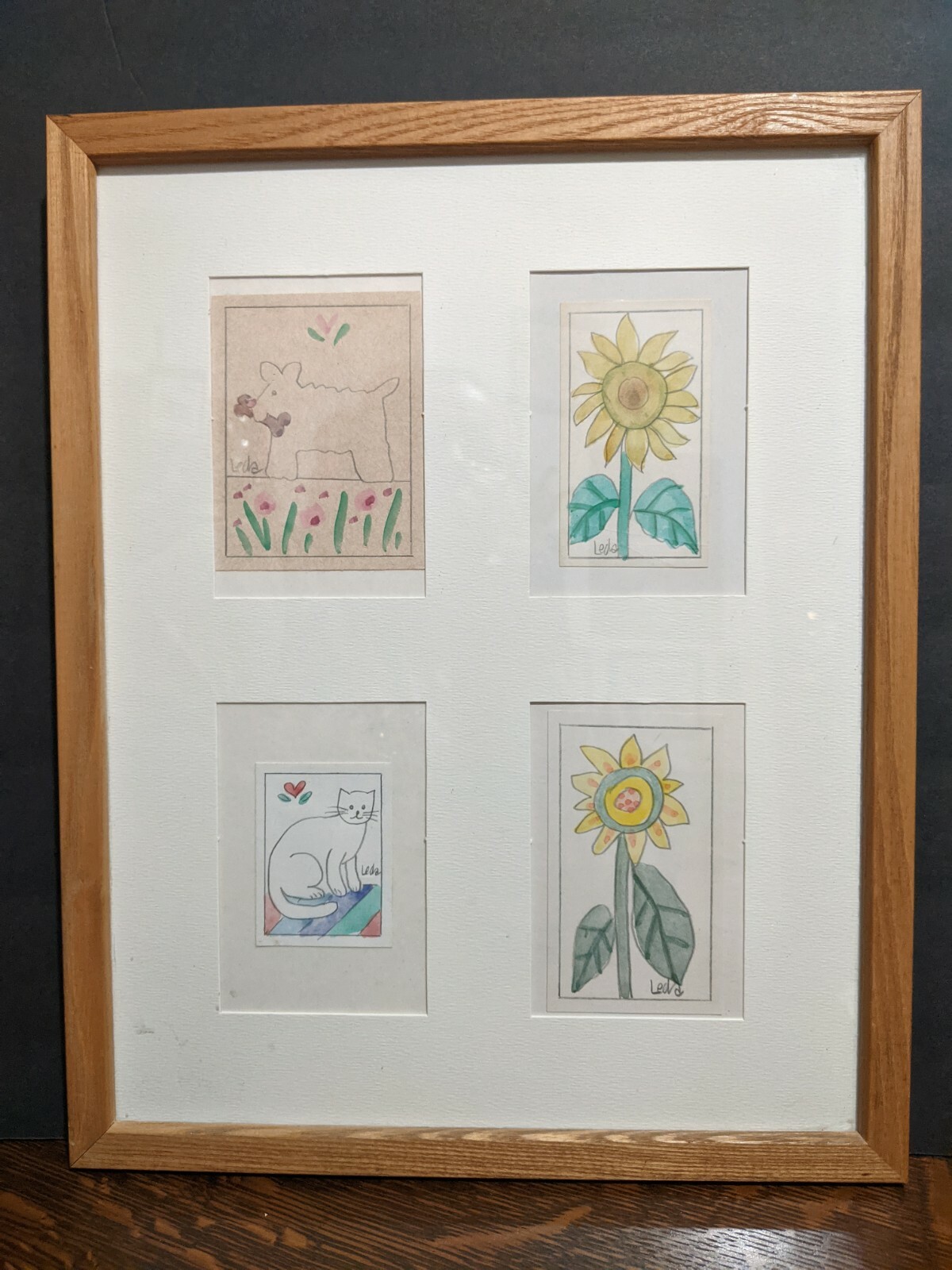 Framed Naive Art Childhood Juvenile Collage 4 Matted Signed Watercolor Paintings