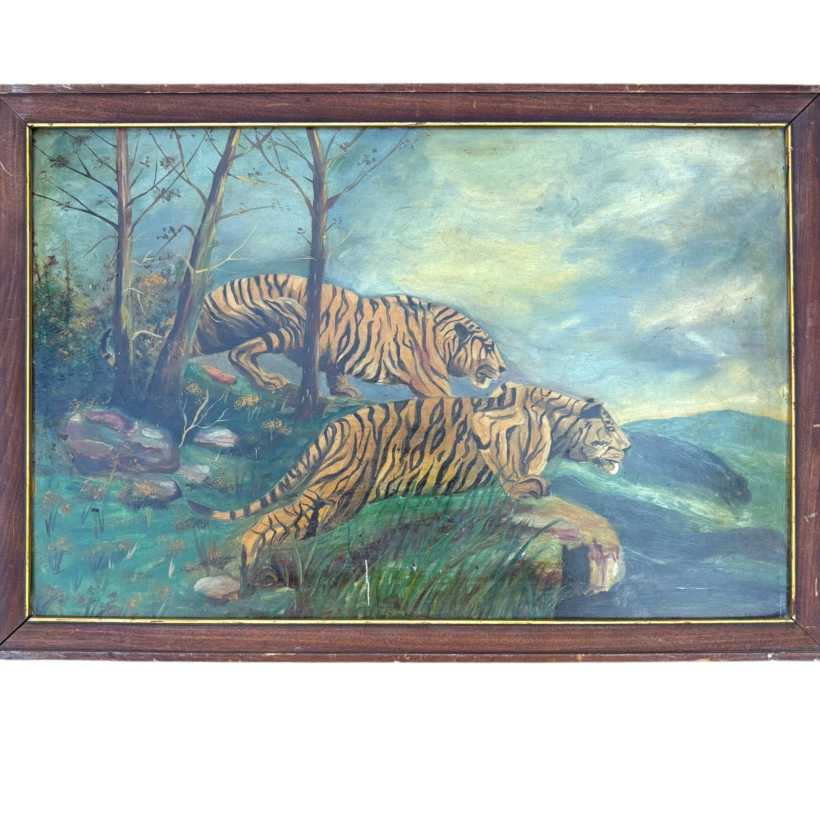 Original Vintage Bengal Tiger Oil Painting Wildlife Nature Wall Art Decor