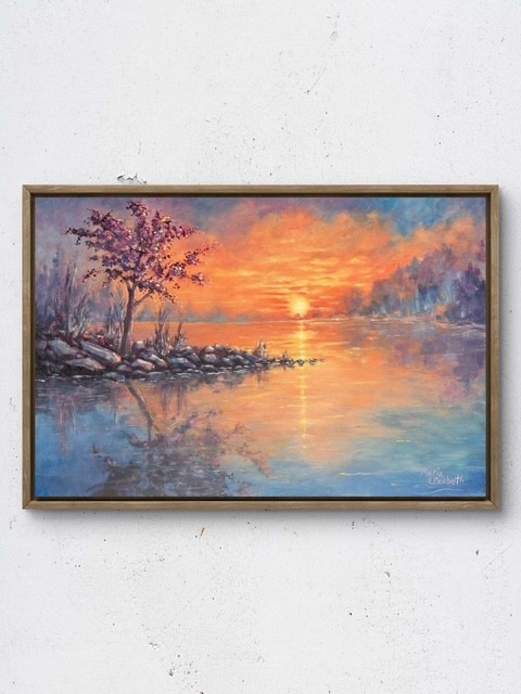 Maria Elizabeth Art OIL SUNSET LAKE 25×36 Canvas Original Oil Landscape Decor