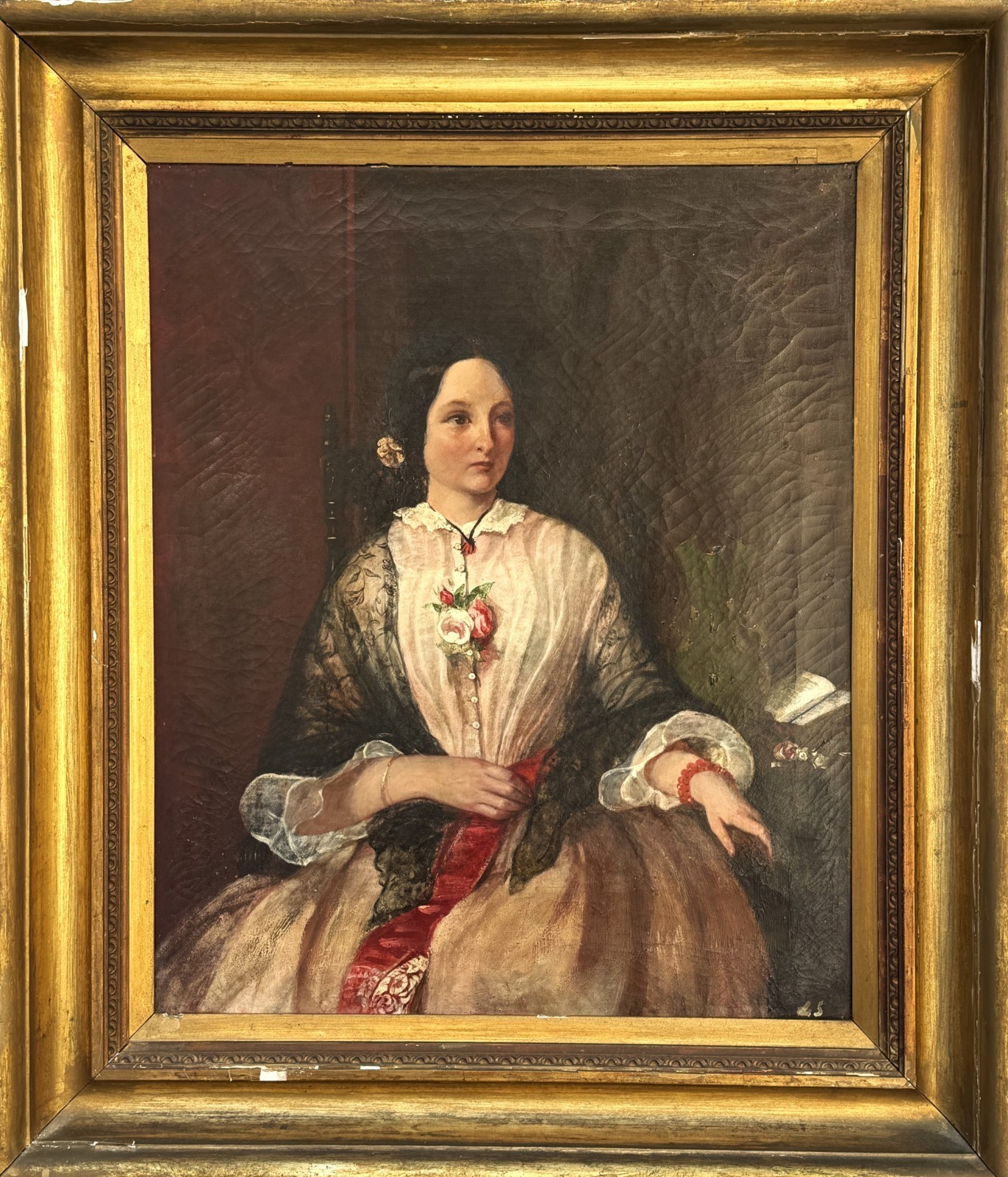 ANTQ c. 1850’s British School Victorian Era O/C “Portrait OF A Woman”, Signed LS