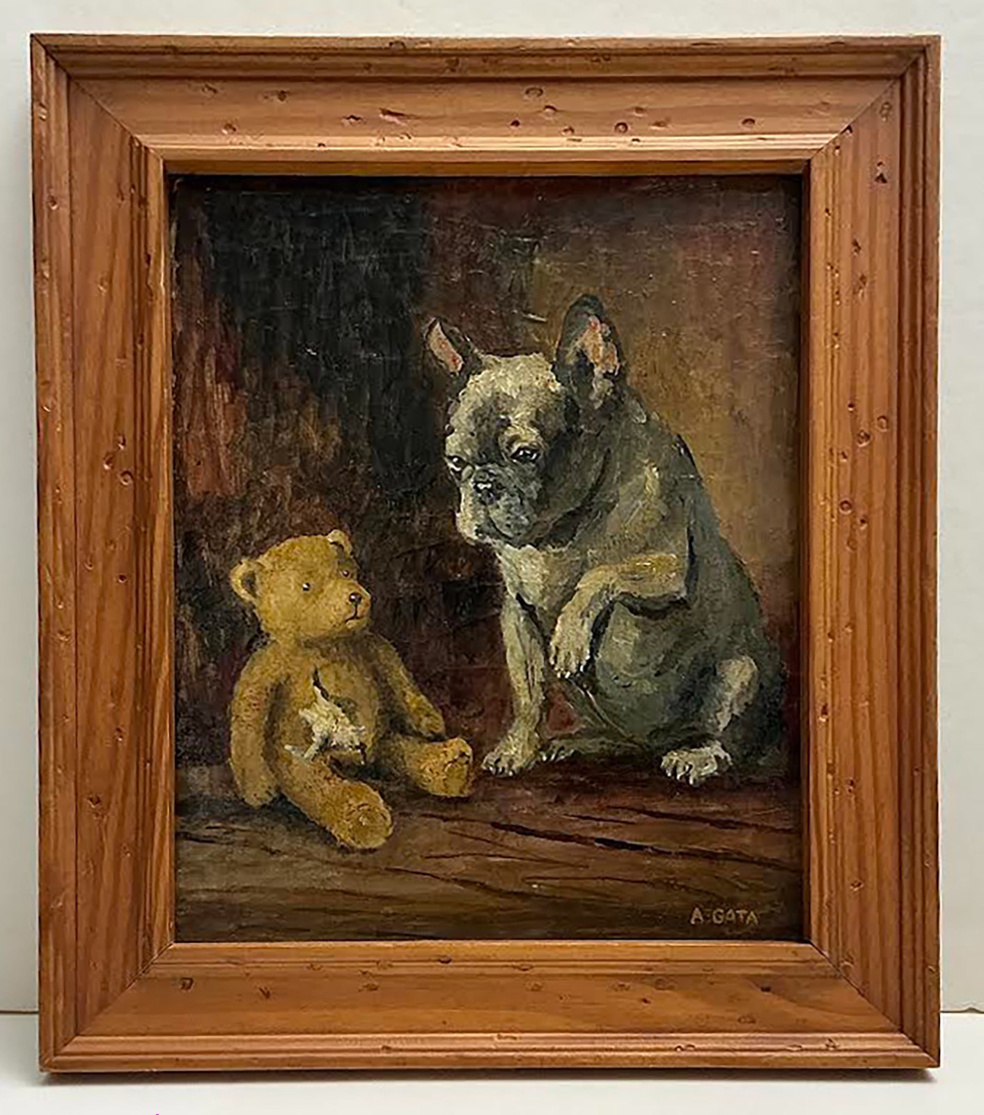 French bulldog Teddy bear A.GATA Original Painting Why won’t you play? [1301AG]