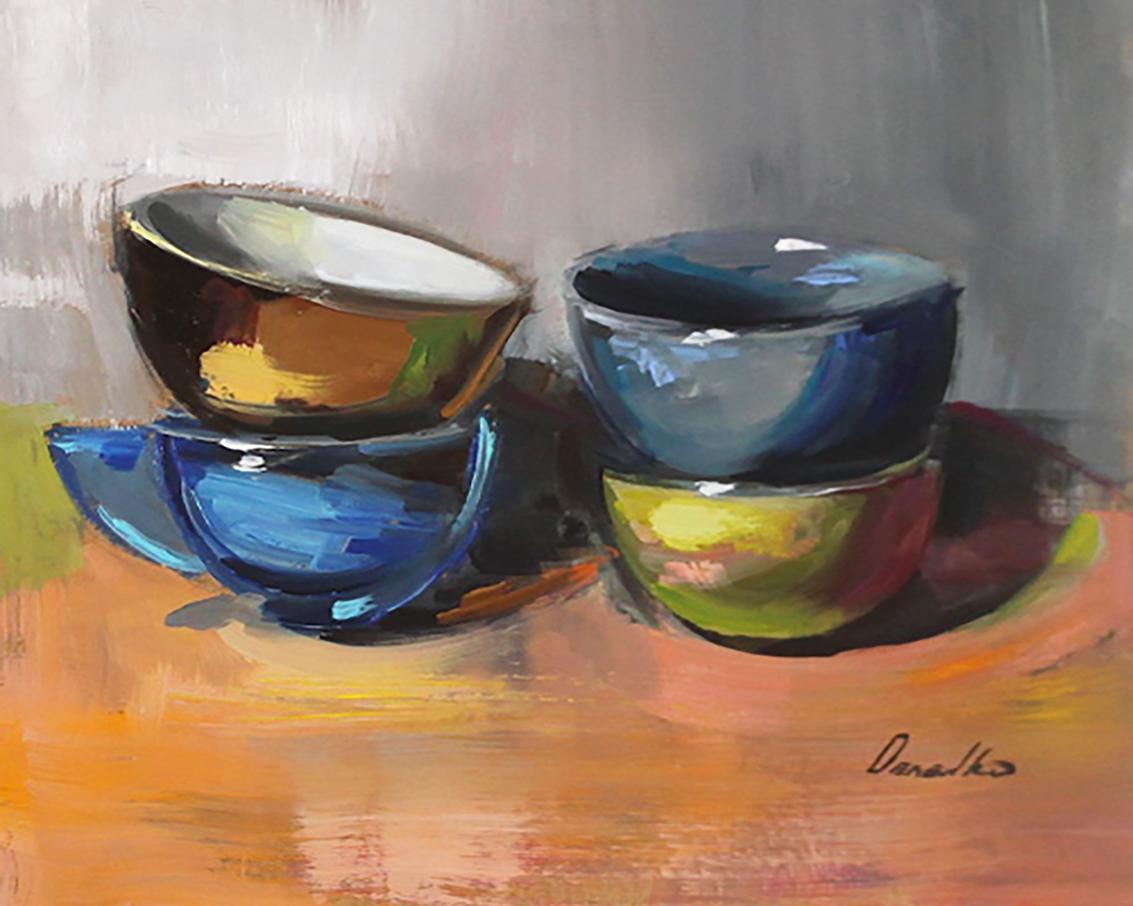Abstract vintage Blue And Gold Cups oil painting UKRAINE Demenko Natalia