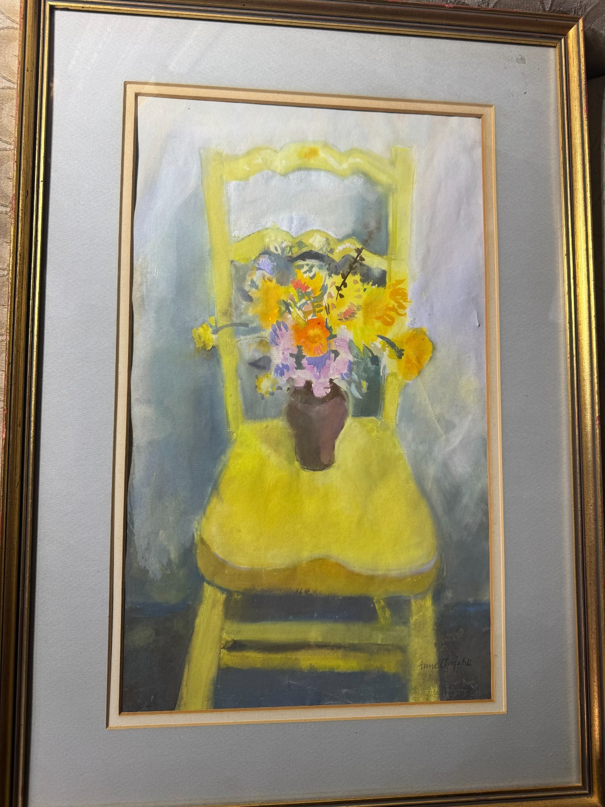 Annie Christie “Vase Of Flowers On Chair” Watercolor Painting – Signed/Framed