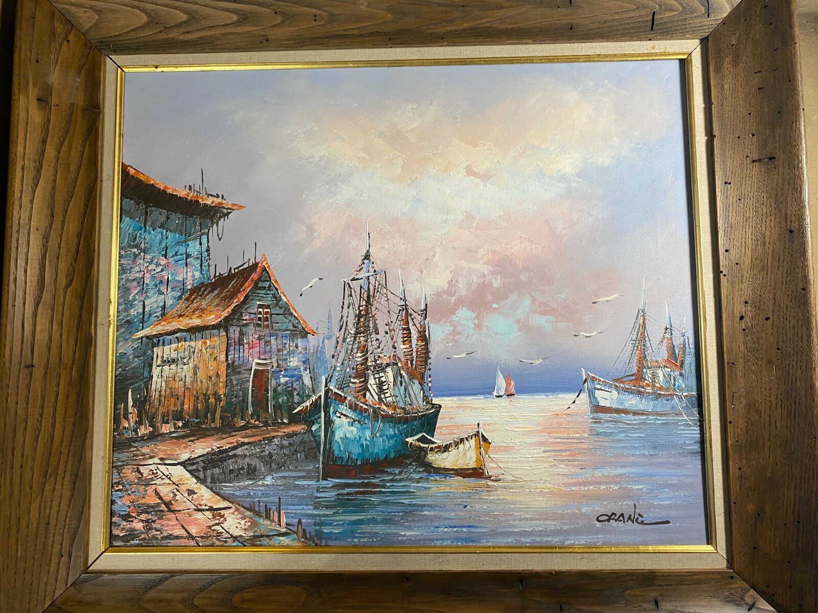 Large Vintage Crane “Moored Fishing Boats” Oil Painting – Signed And Framed