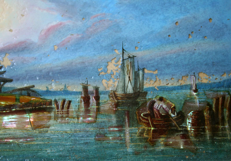 A Dutch Coastal Scene. Original Frame, Reverse Painting on Glass, 19th Century